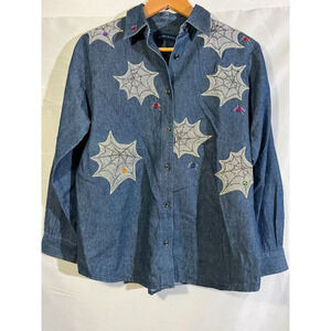 Karen Scott Vtg Sz S Womans Denim Long Sleeve Shirt HALLOWEEN SPIDER WEB  B12